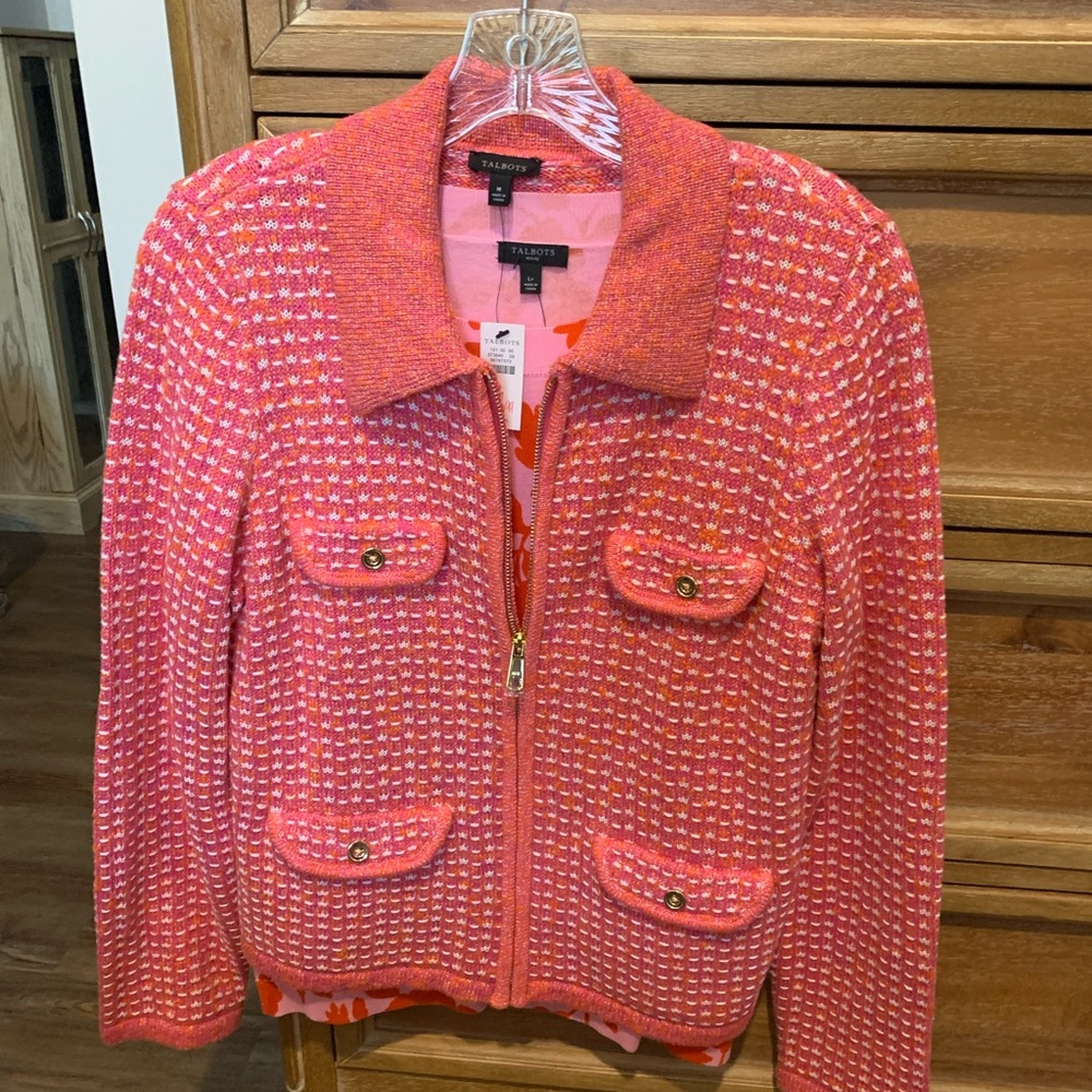 Talbots Pink & Orange Tweed Jacket with Goldtone Zipper & Metallic Size Medium